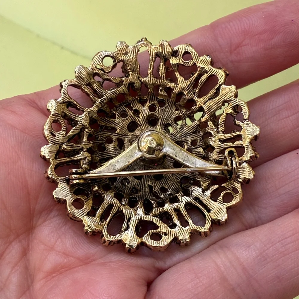 Vintage and Unique Large Gold Brooch with Multicolor Gems